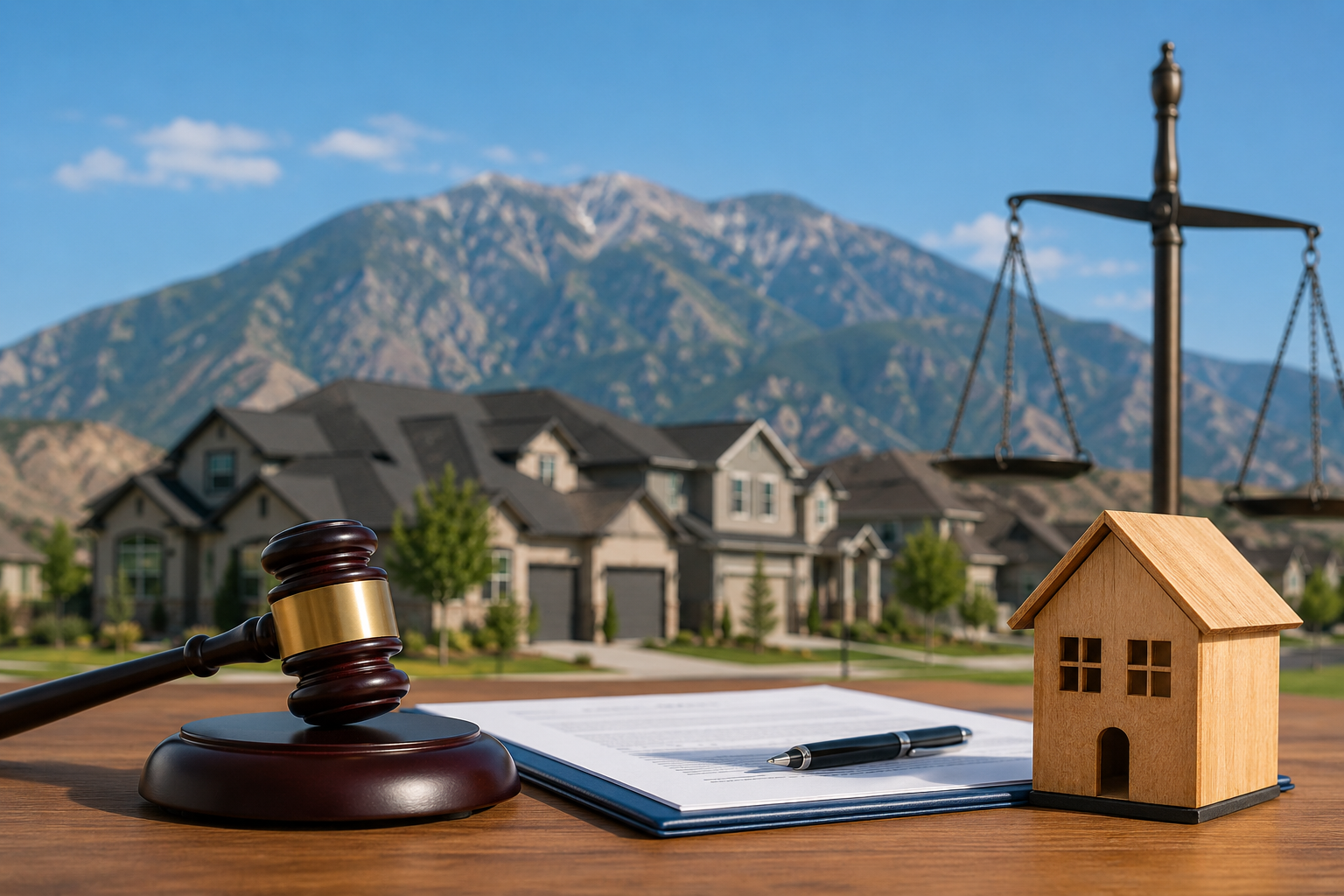 Legal documents and a gavel on a desk with an Eagle Mountain Utah neighborhood visible through a window in the background