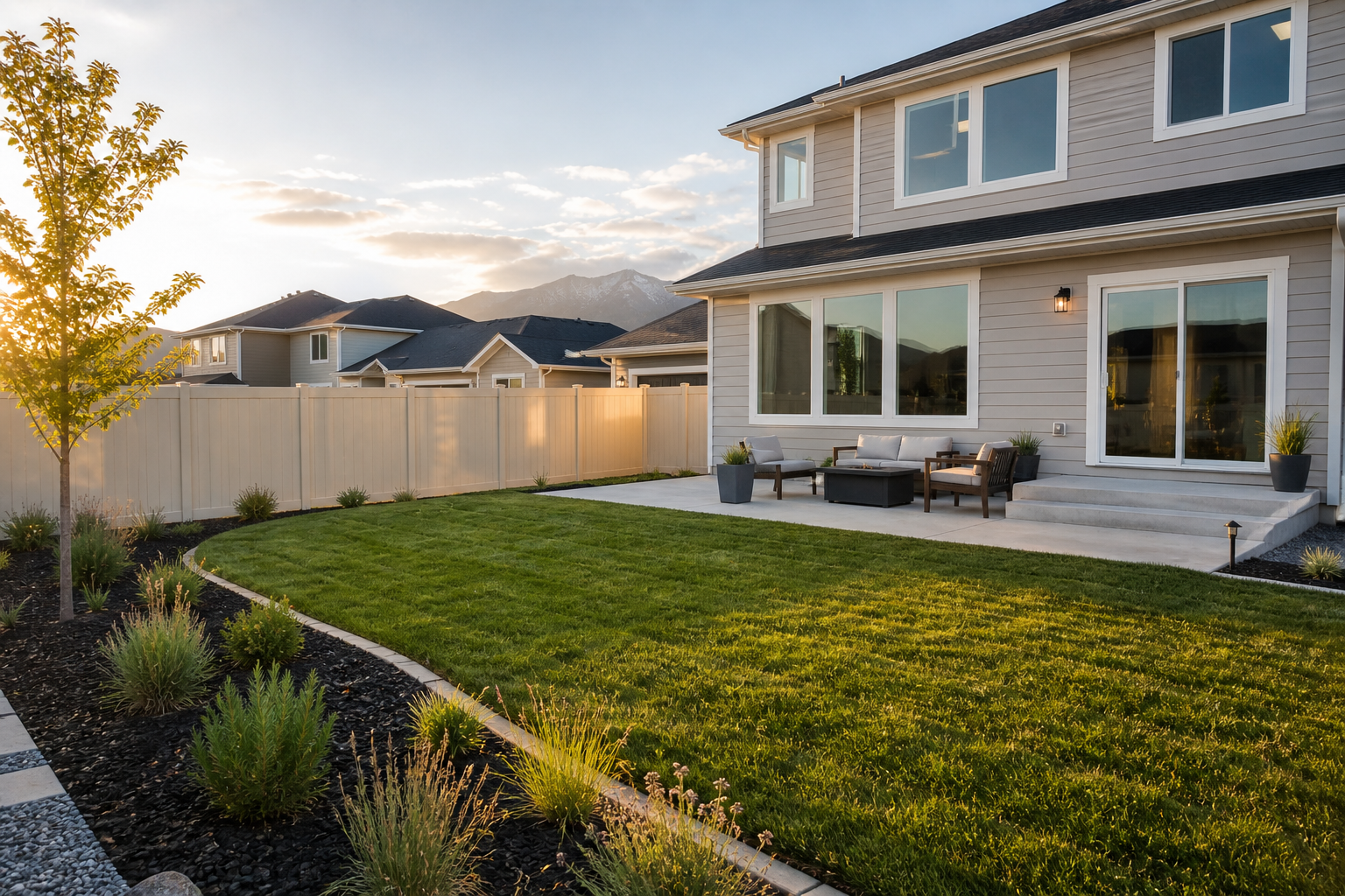 Backyard of a newly built suburban home with a vinyl privacy fence, fresh green lawn, simple landscaping, and a concrete patio, set against a warm sunset with nearby homes and mountains in the distanc