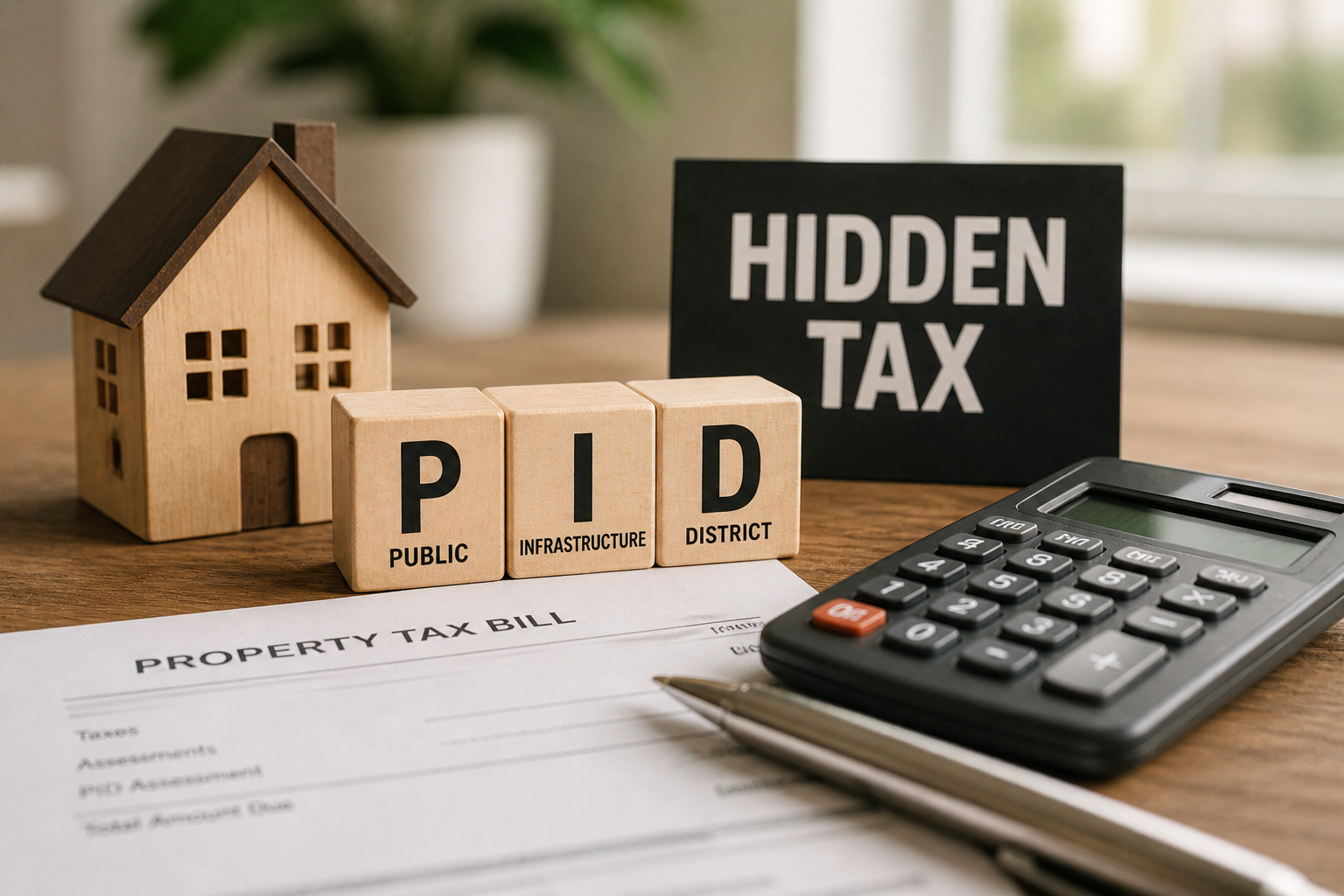 Close-up of a desk with a small house model, a calculator, and a property tax document, with blocks spelling “PID” and a sign reading “Hidden Tax,” representing additional property costs.