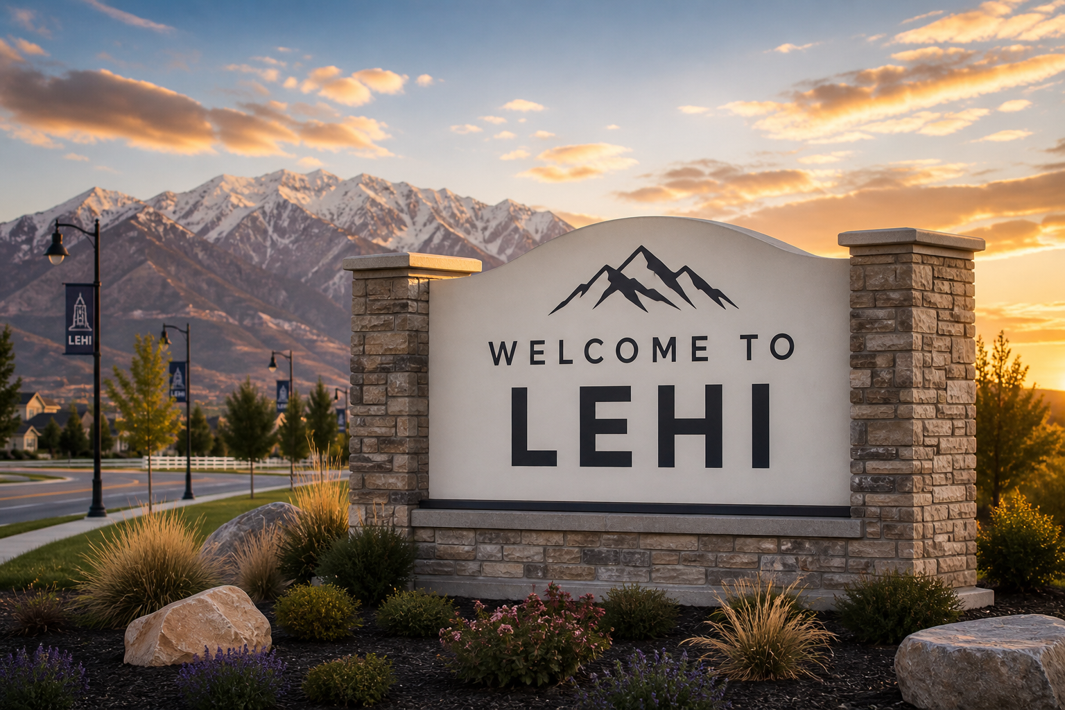 Stone “Welcome to Lehi” monument sign with landscaped surroundings and a mountain backdrop at sunset along a suburban roadway in Utah.