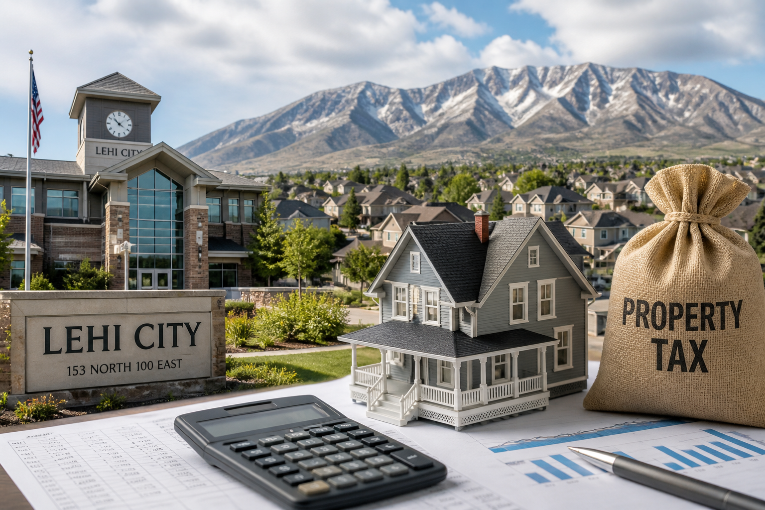 Lehi City building with suburban homes and property tax concept in foreground