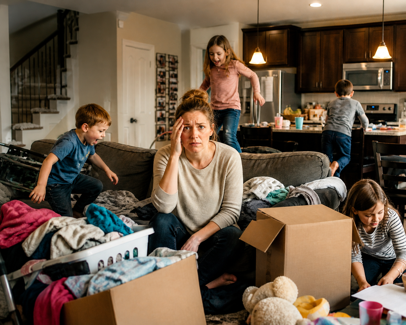 Busy family living room with a tired mother sitting on a couch surrounded by laundry, toys, and moving boxes while kids play energetically around her, showing a home that feels crowded and overwhelmed