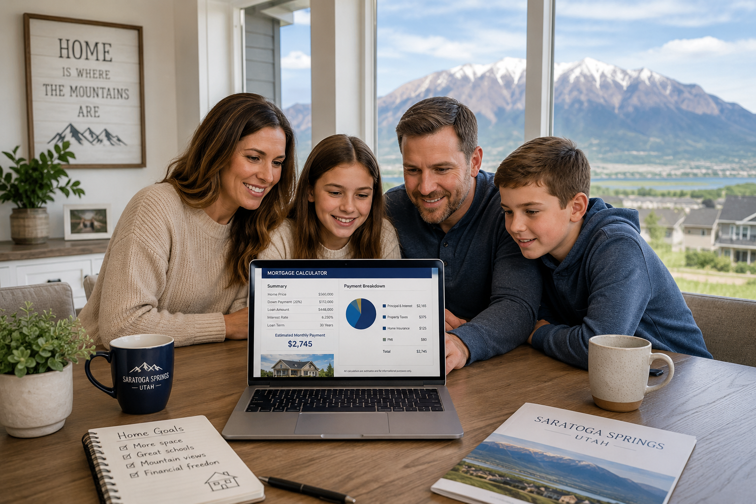 Family reviewing mortgage costs on a laptop inside a Saratoga Springs home with mountain views