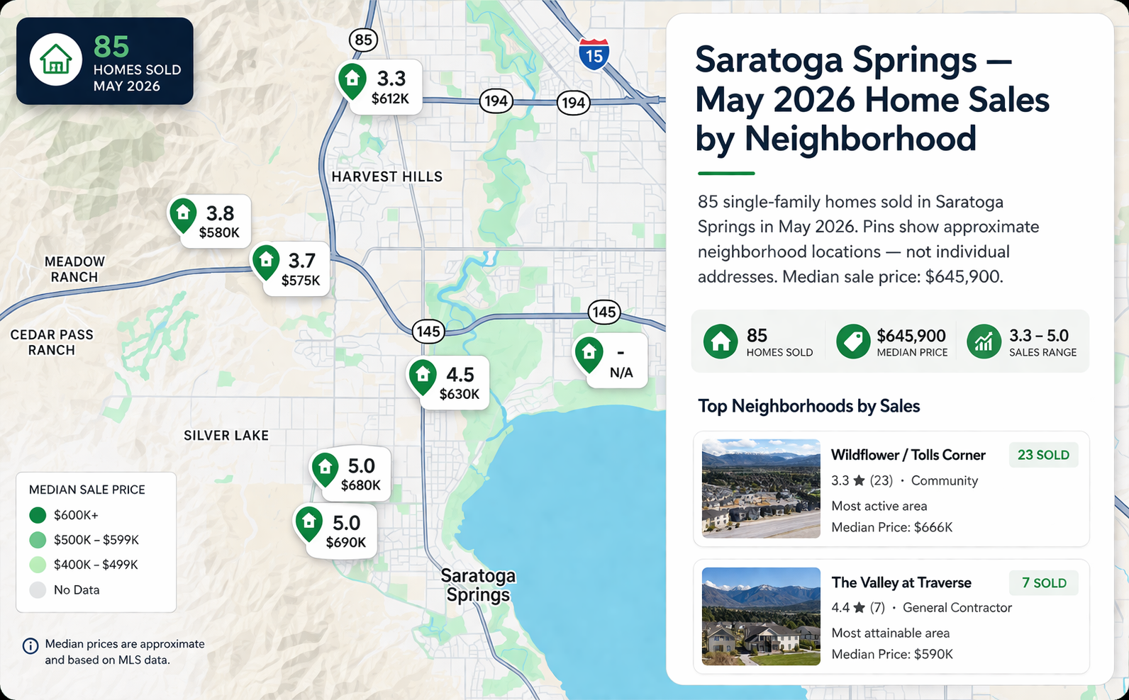 Saratoga Springs Utah home sales map May 2026 by neighborhood
