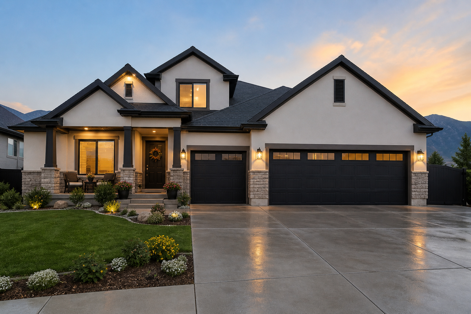 Front exterior photo of a modern suburban home at dusk featuring a three-car garage with dark doors, a clean concrete driveway, and well-manicured landscaping. The house has a light stucco exterior
