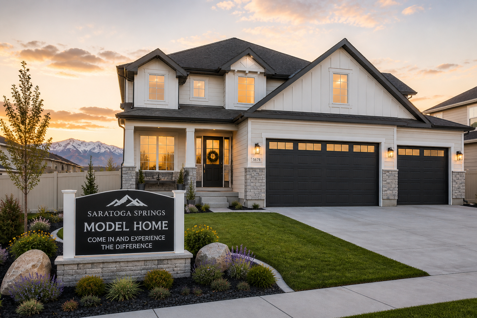 Modern two-story suburban home in Saratoga Springs, Utah with a three-car garage, landscaped front yard, and a “Model Home” sign displayed out front at sunset with mountains in the background.