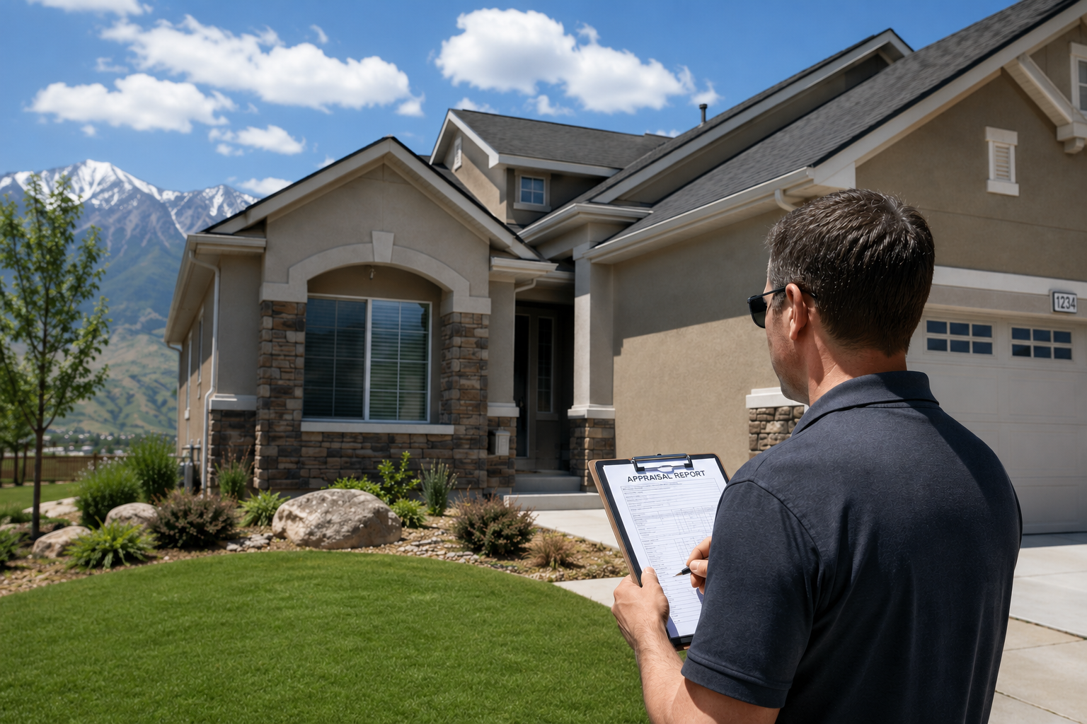 Home appraiser inspecting a Utah County house with clipboard and measuring the property
