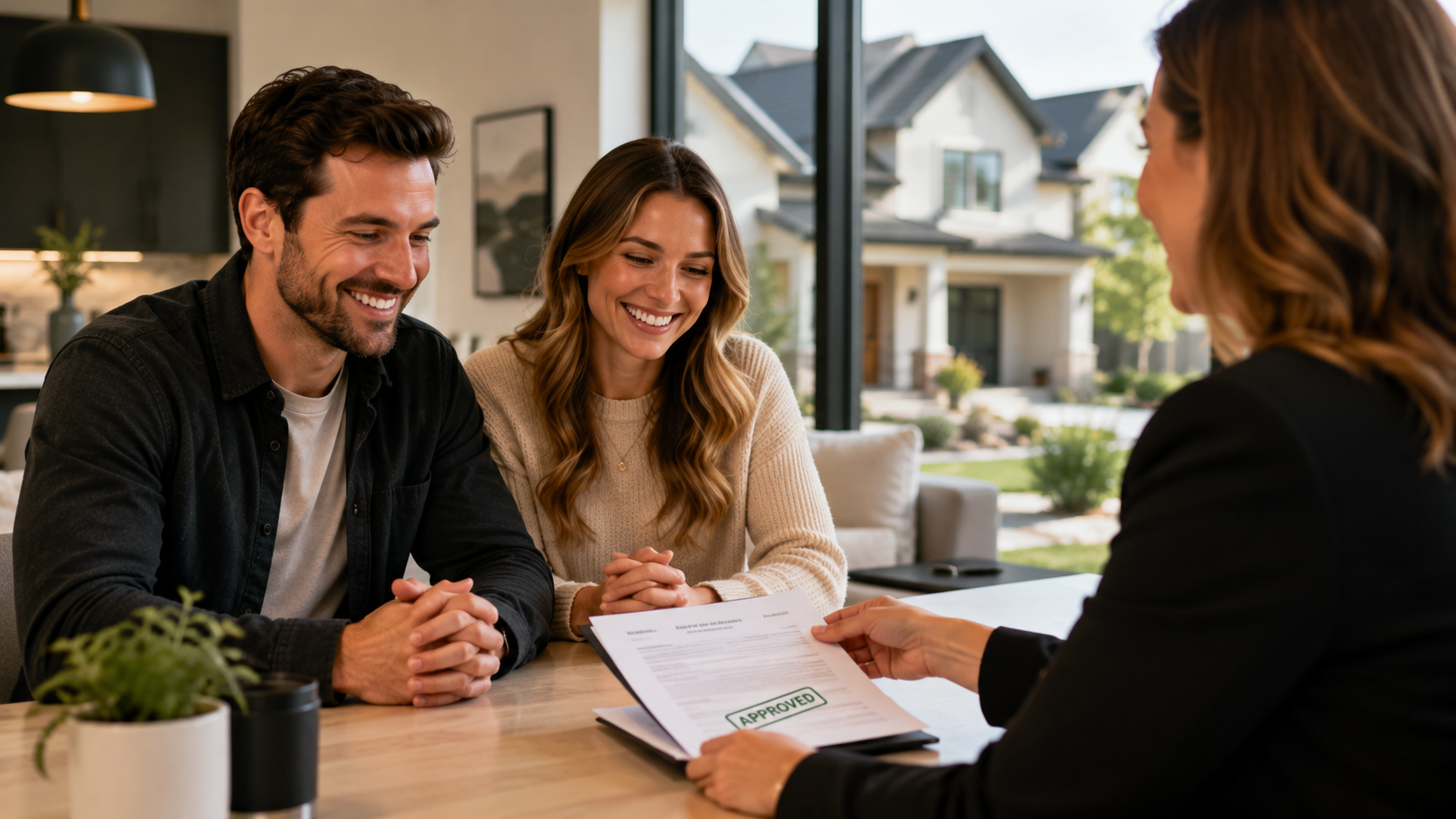 Two young homebuyers holding an approved loan document