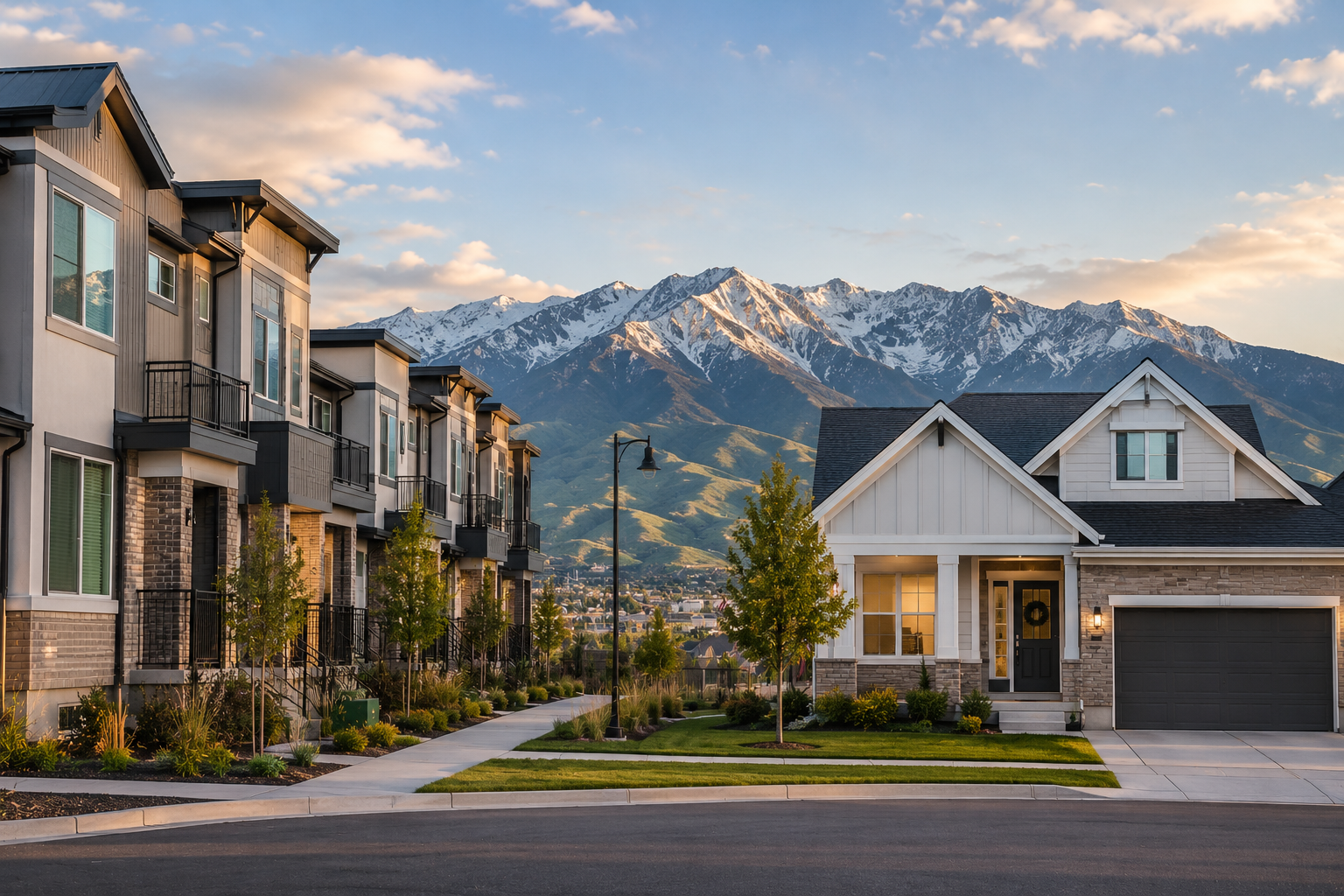 Side-by-side view of a townhome community and a single-family home in a Utah County neighborhood