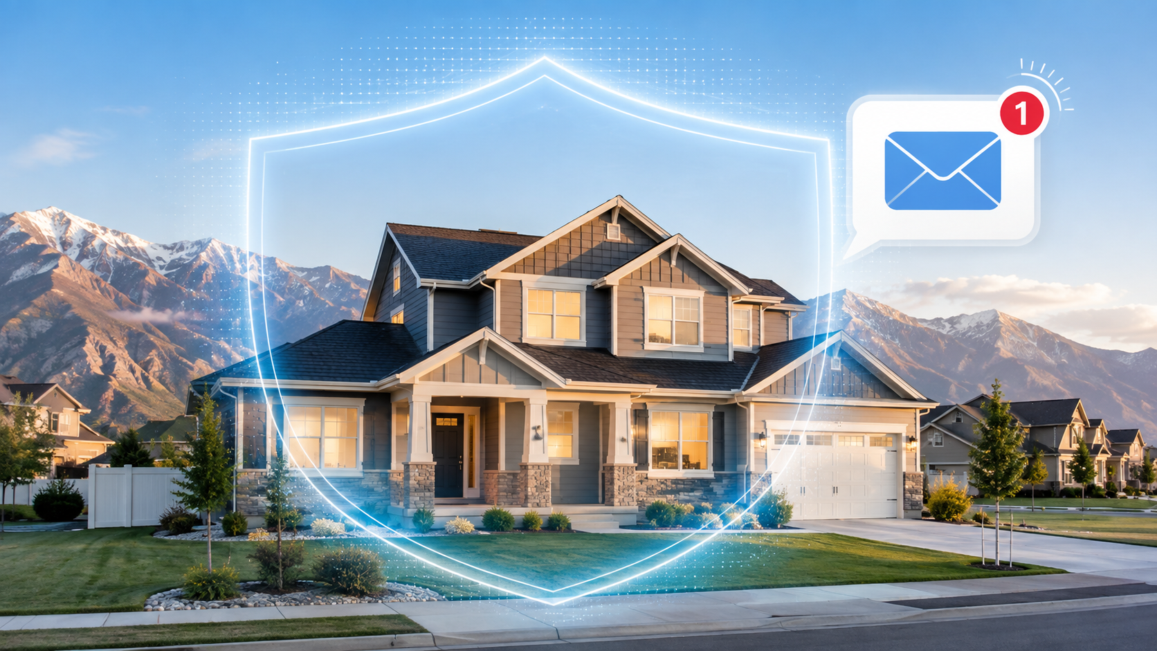 Utah home with mountains behind it and an email notification icon