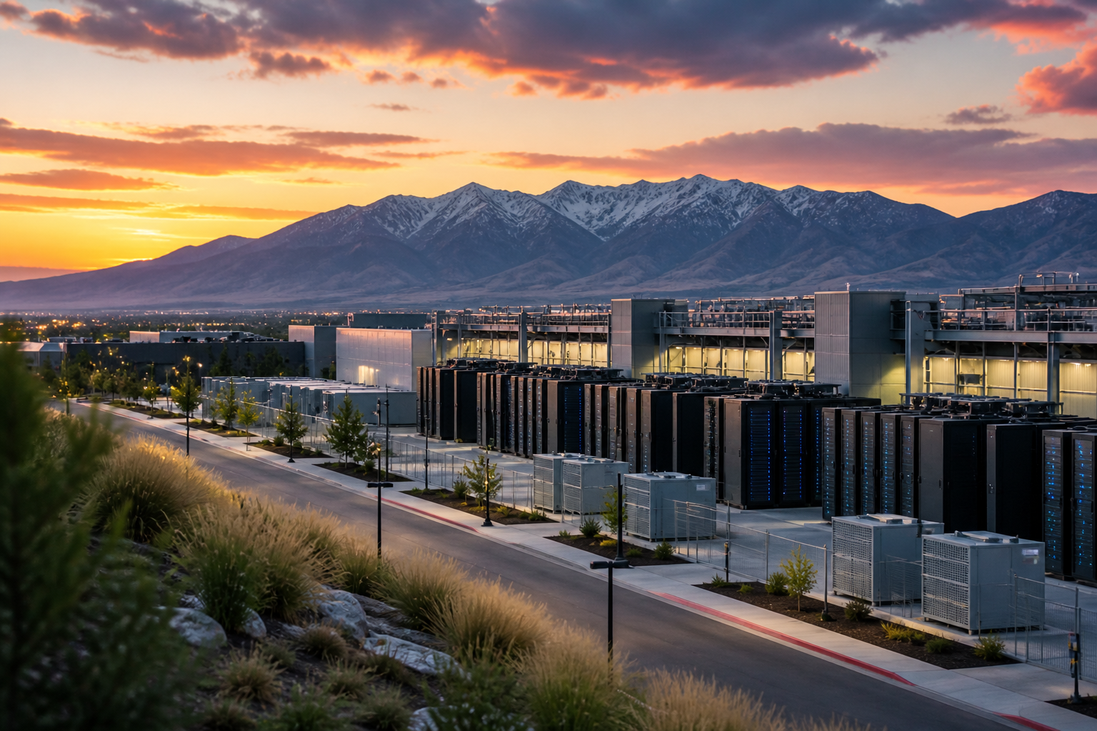 Large modern data center facility with rows of server buildings and cooling units, set along a roadway with landscaped surroundings and snow-capped Utah mountains in the background at sunset.